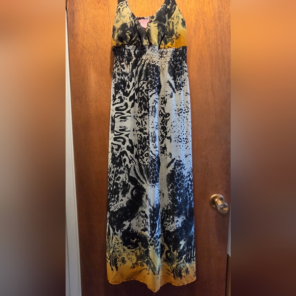 She's Cool Black & Leopard Print Yellow & White Sheer Layered Maxi Dress SzL - Picture 2 of 10